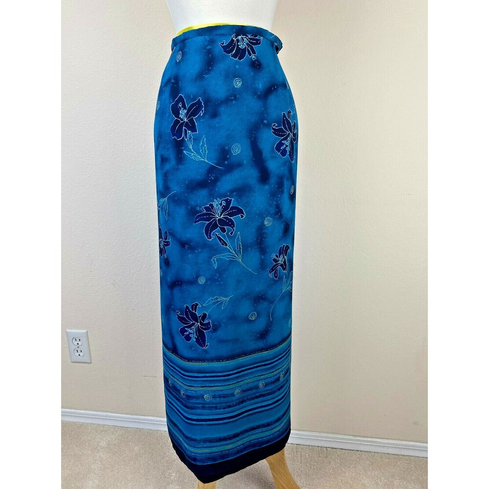 VTG 90s Norton McNaughton Blue Floral Polyester Maxi Skirt L Elastic Waist Slit